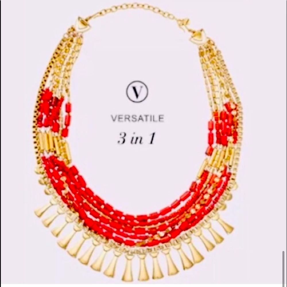 Stella and Dot 3 in 1 versatile Coral Red & Gold Bliss Statement Necklace